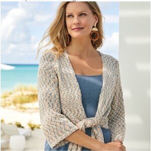 Soft Surroundings Beausoleil Tie Front 3/4 Sleeve Cardigan Size 1x Coastal Beach